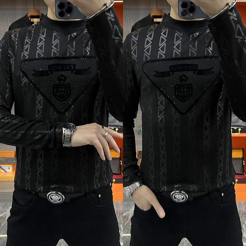 Unique European-style men's spring and autumn casual long-sleeved sweatshirt with exquisite print, rhinestone embellishment, slim fit, versatile and comfortable.