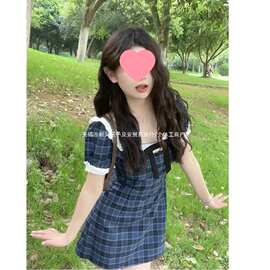 夏季新款复古泡泡袖拼接蝴蝶结连衣裙小个子感别致收腰短裙子