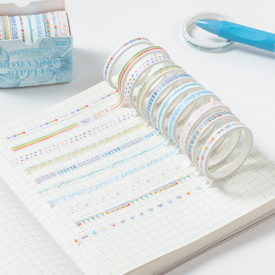 Tono suave y cinta de papel Juego básico de cuentas de mano 10 enrollado en cinta de línea divisoria extremadamente delgada de 0,5 cm pegatina de papelería