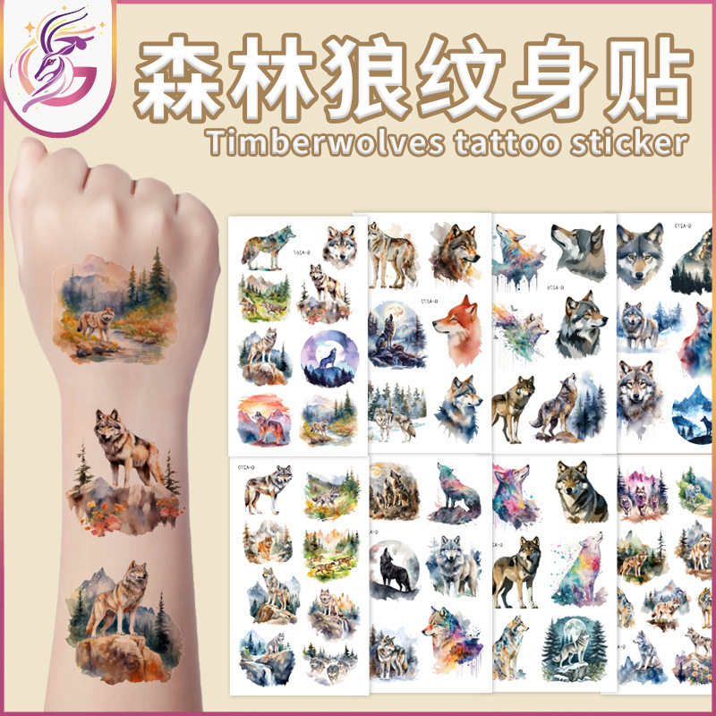 Timberwolf tattoo stickers disposable simulation watercolor wolf king children adult animal waterproof temporary tattoo stickers
