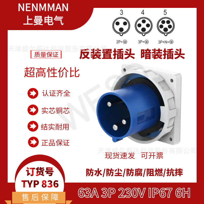 特价 TYP:836 工业防水暗装插头 反装置固定插头63A 3芯IP67 专票
