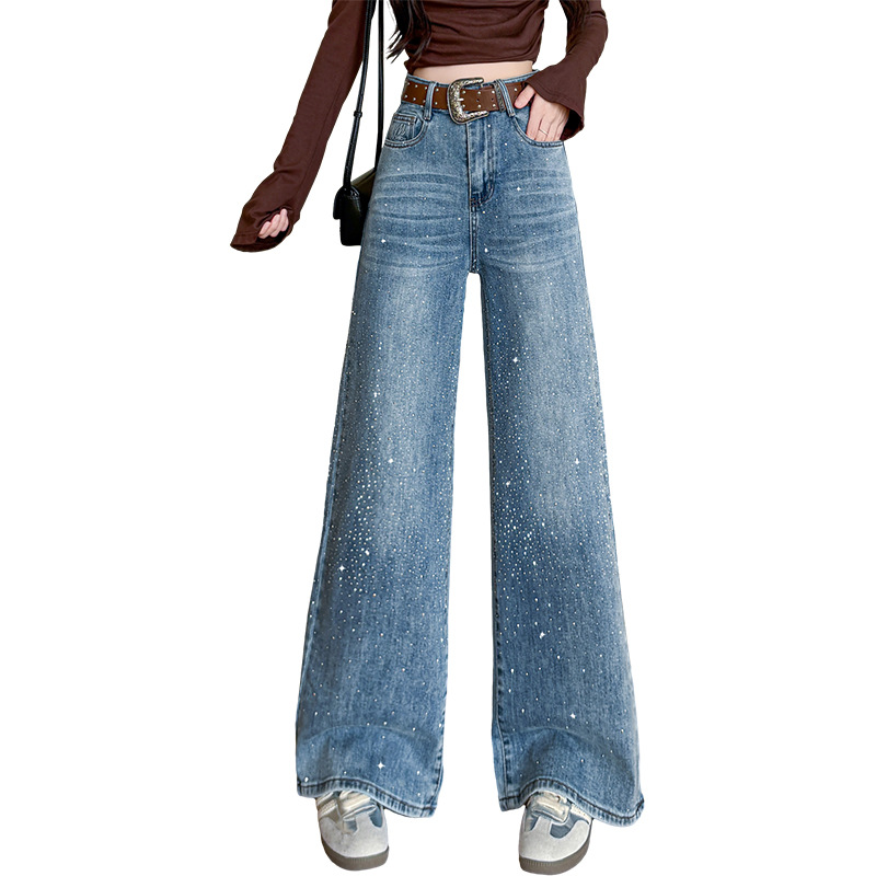Jeans a zampa con strass glitterati a vita alta per donna - Pantaloni palazzo elasticizzati a gamba larga con vestibilità comoda_voghion.com