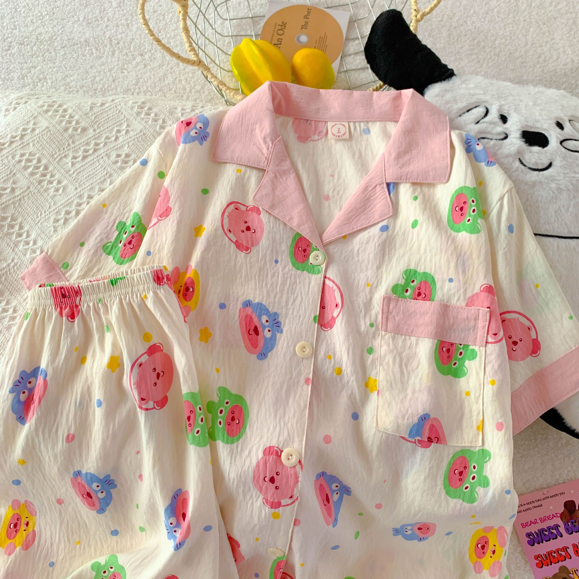 Pequeño libro rojo recomienda verano nuevo pijama de mujer nubes de algodón con solapa cardigan de manga corta pantalones cortos dulces dibujos animados ropa para el hogar