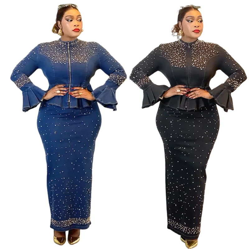 Cross-Border European and American Heavy-Duty Beaded and Rhinestone-Embellished Denim Dress Two-Piece Set for Women, Evening Party Elegant Gown