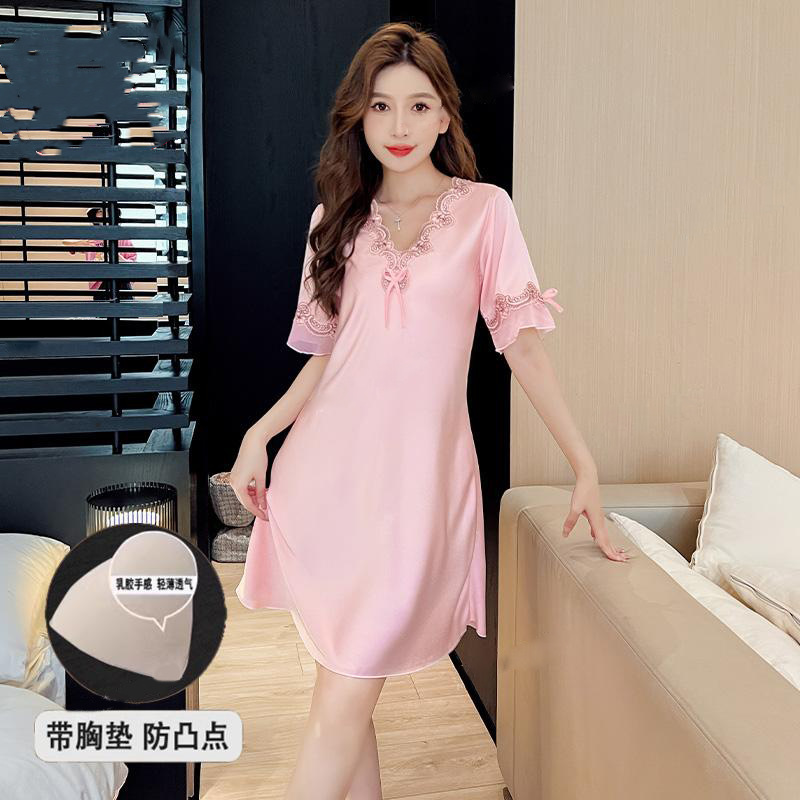Women's Summer Ice Silk Thin Short-Sleeved Spring & Fall Silk Sexy Loose Large Size Nightgown with Breast Pads, Home Wear