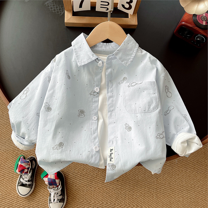 Camisa de manga larga para niños primavera y verano nuevo top estampado de dibujos animados para bebés suelto y salvaje otoño camisa de solapa coreana marea
