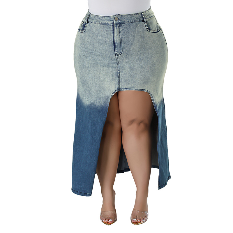Plus size denim rok voor dames met split en gradient casual stijl_voghion.com