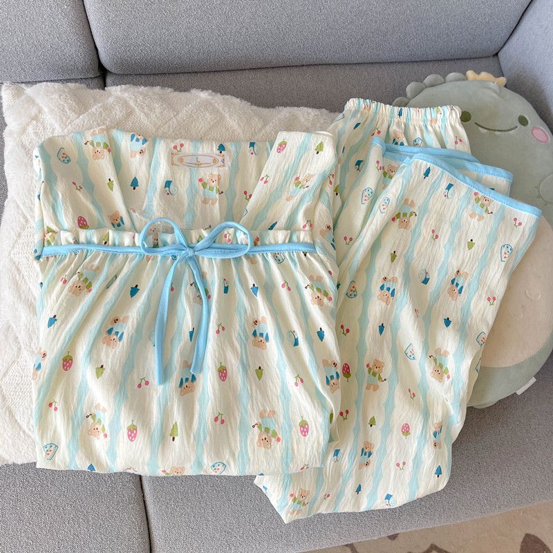 Venta al por mayor transfronteriza primavera y otoño nube pijamas de algodón pantalones de manga larga para mujer cuello cuadrado estilo princesa dibujos animados ropa para el hogar traje exterior