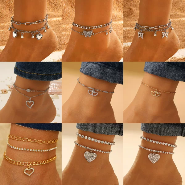 European and American Cross-Border Fashion Rhinestone Double-Layer Anklet for Women Butterfly Heart Multi-Layer Chain Ankle Jewelry Beach Foot Accessories