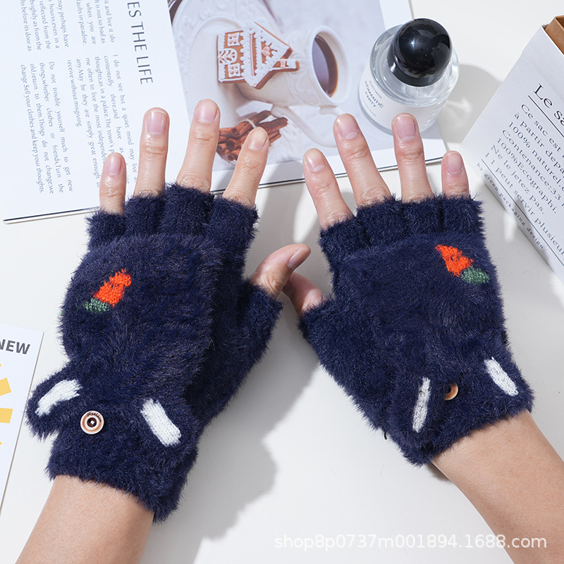 Invierno de las mujeres cálido forrado de lana engrosada estudiante escritura de moda montar lindo punto medio dedo flip guantes de dibujos animados