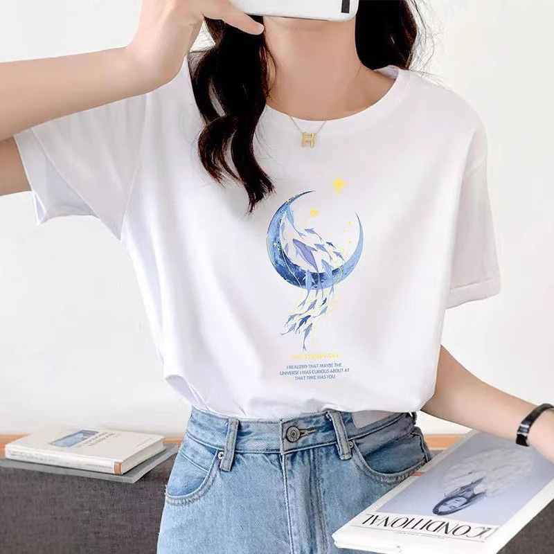 宽松纯棉短袖t恤女士夏装新款漂亮上衣设计感印花半袖女圆领夏季|undefined