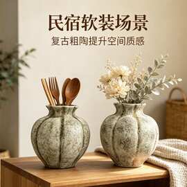 跨境2026新款粗陶装饰摆件复古花瓶厨房收纳陶瓷罐子
