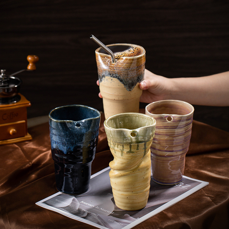 クロスボーダー窯変マグカップ異形大容量陶磁器カップストローカップ創意復古カップ粗陶コーヒーカップ|undefined