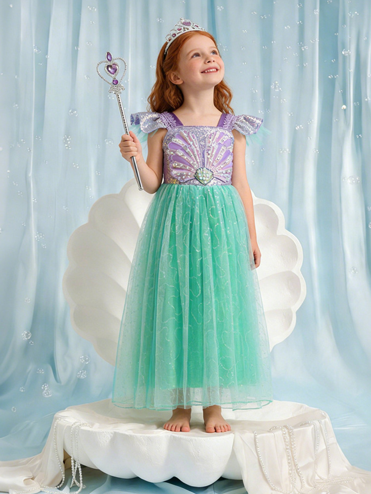 Nuevo vestido de princesa de sirena de niña con cuentas de sequilla vestido de encaje espectáculo cos服 pequeña camisa de malla de manga volante