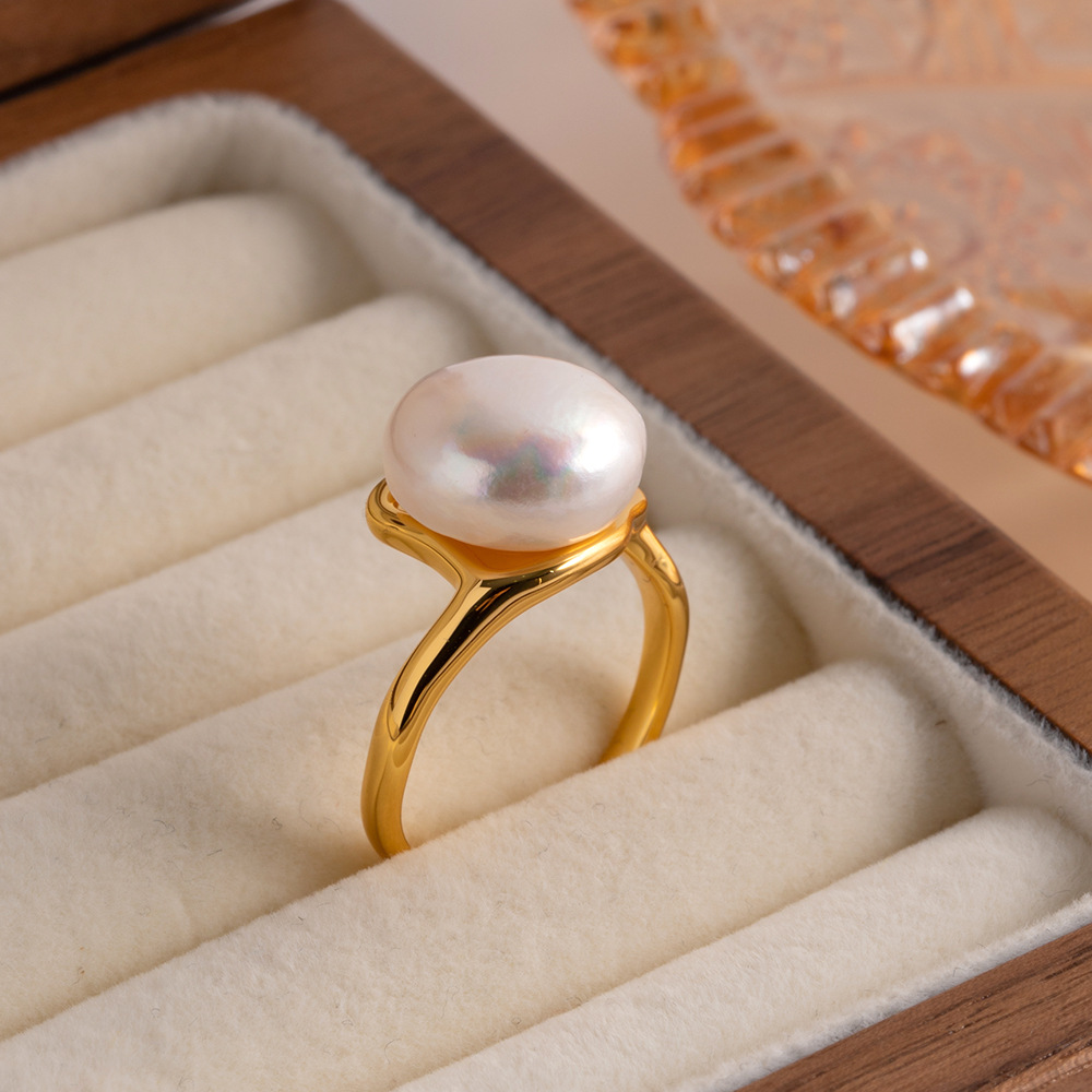 French Style Round Copper Inlay Pearl Open Ring 1 Piece