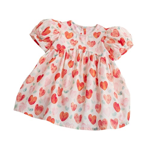 Girls Korean style cute peach color love dress  summer dress puff sleeves floral internet celebrity princess dress