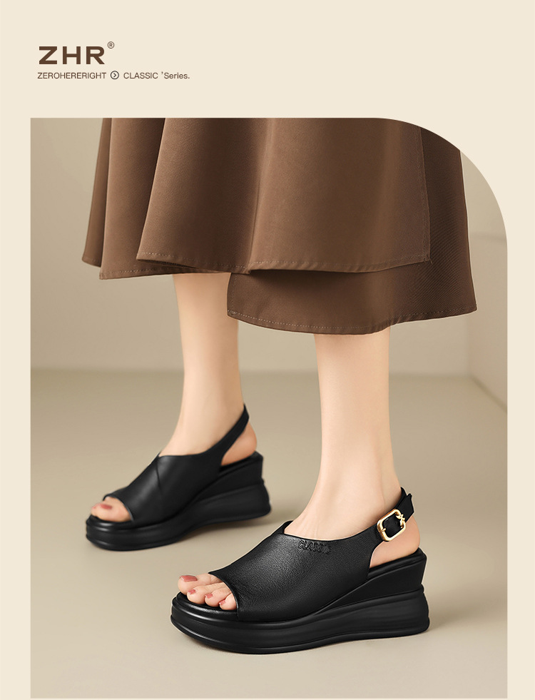 Sandal đế xuồng da bò thật ZHR tăng chiều cao, quai ngang, phong cách thanh lịch — JE20 màu be chi tiết 17