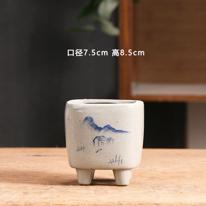 Maceta carnosa cuadrada azul y blanco, cerámica, arcilla doméstica simple, placa de flores de cerámica gruesa, maceta de cerámica pequeña, liquidación, venta al por mayor