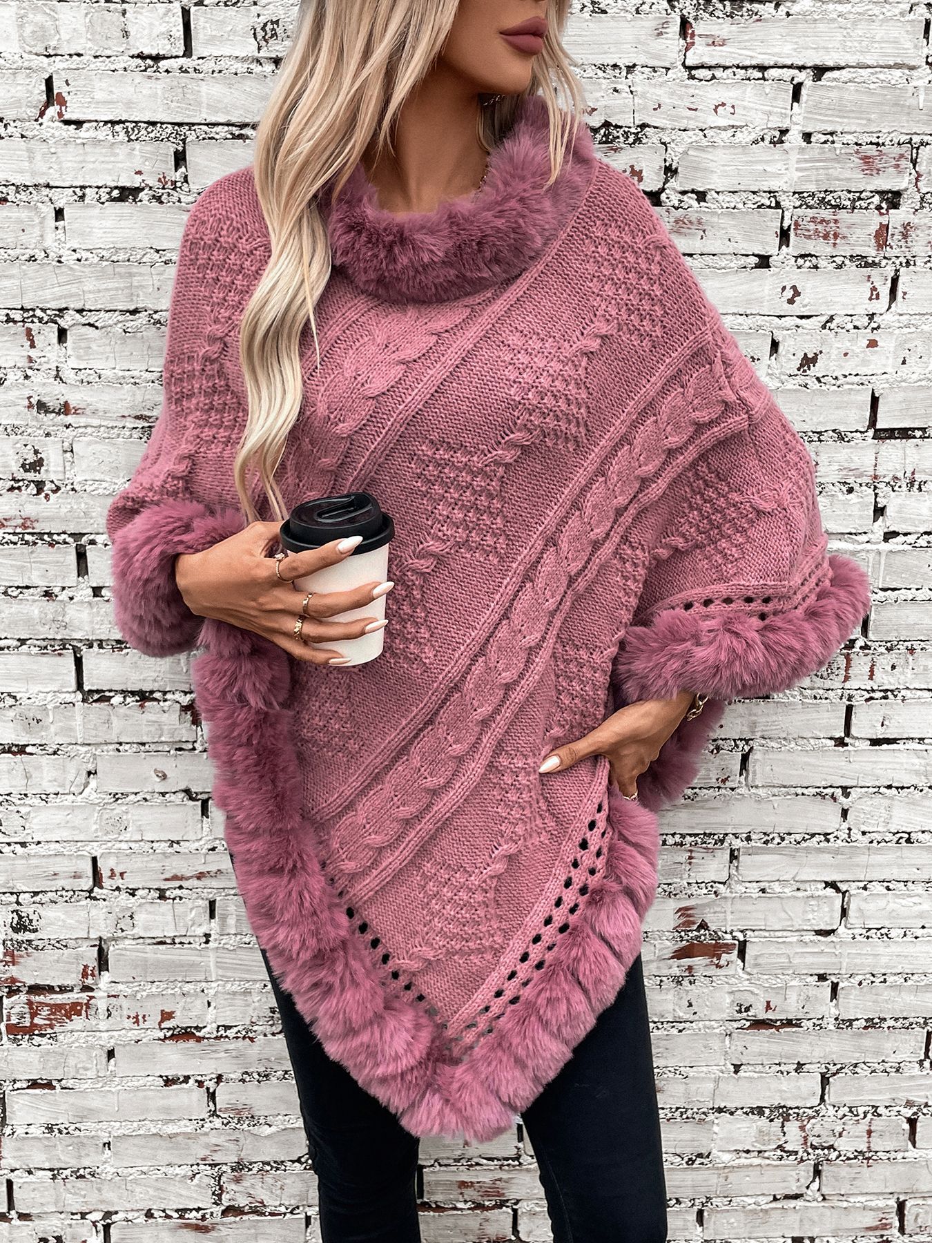 Damenbekleidung Nieselregen Lose Große Größe Herbst Und Winter Warmer Kaninchenfellkragenmantel Neue Grobe Zopfmusterpulloverjacke_voghion.com