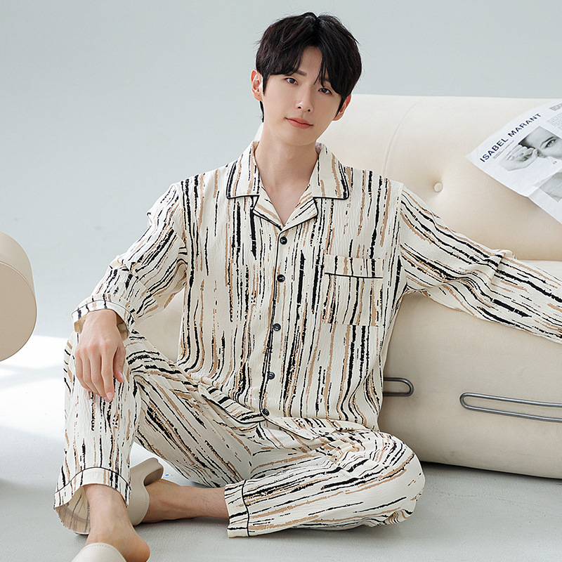 남성 잠옷 봄, 가을 신상 클라우드 코튼 가디건 긴팔 심플 캐주얼 대형 홈웨어 정장 외부 착용 가능