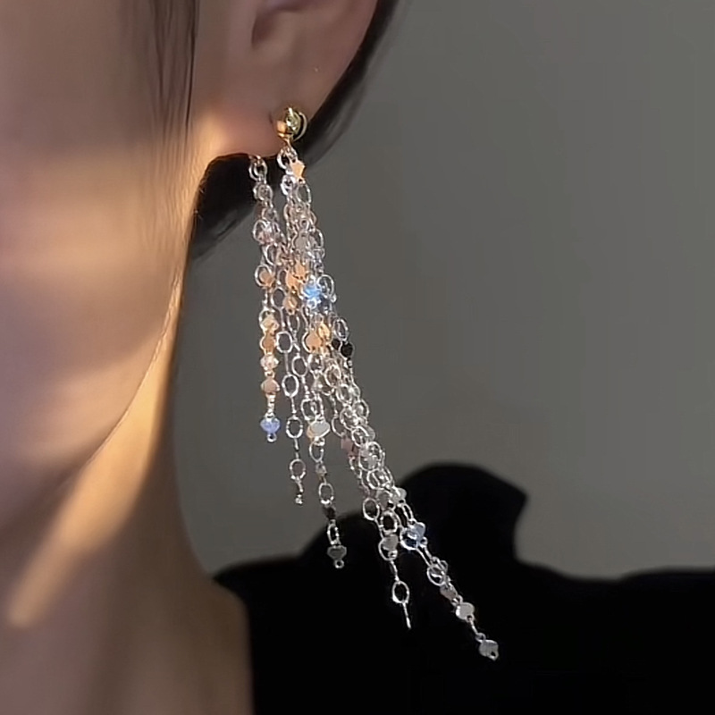 Aguja de plata con lentejuelas pendientes largos de la borla nicho de alto grado de luz pendientes de lujo nicho de moda pendientes de alto grado