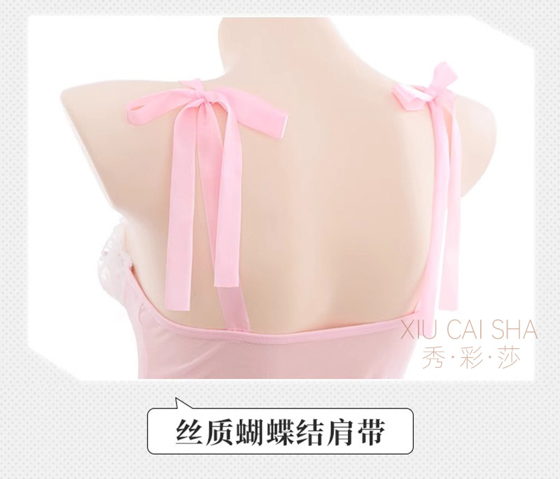 Bunny Girl Maid Lingerie Set with See-Through Mesh and Lace Trim, Pink with White Stockings — detail image 19