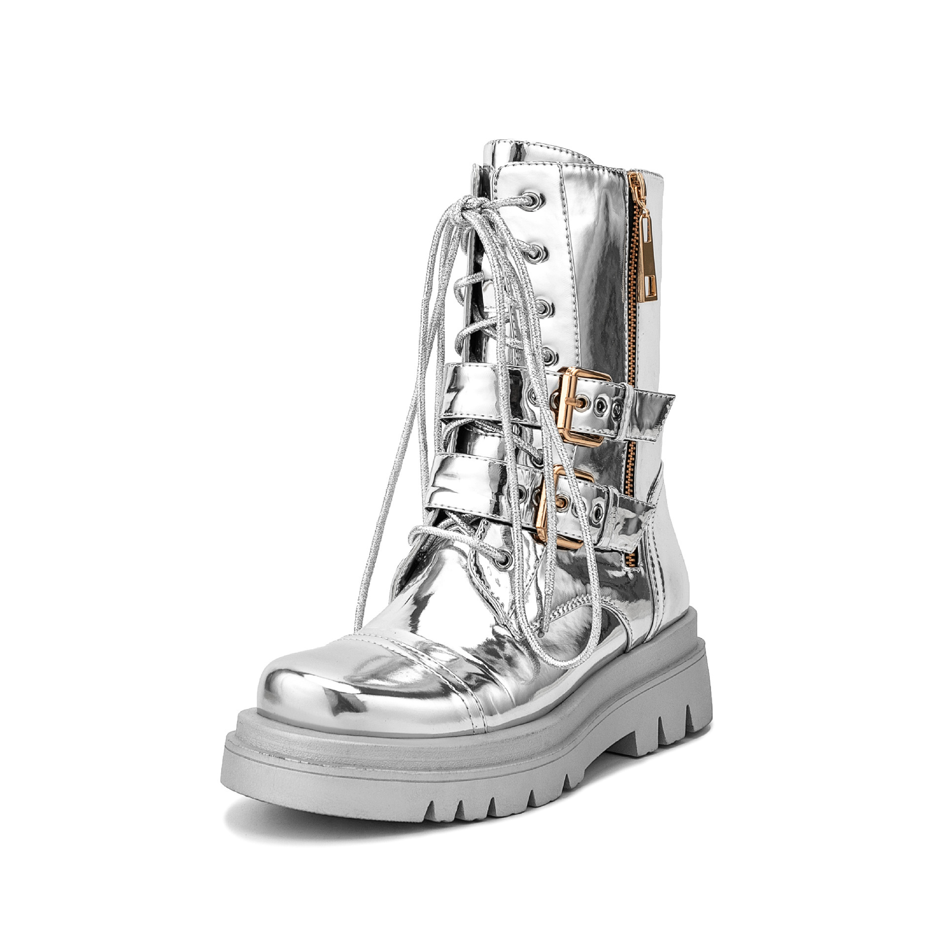 Silver patent leather medium chunky heel plus size platform booties punk boots_voghion.com