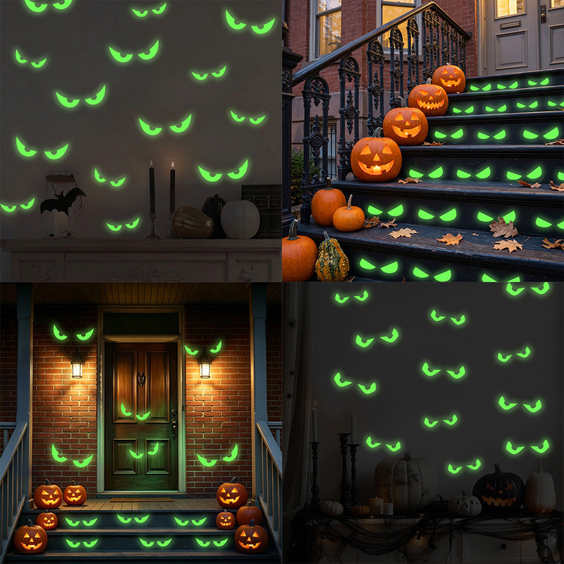 Cross-Border Halloween Glow-In-The-Dark Devil Eyes Wall Stickers, Scary Green Light Cat Eyes Self-Adhesive Stickers for Scene and Venue Decoration