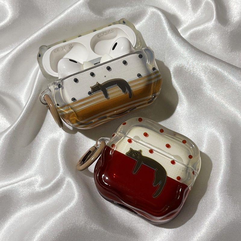 Rojo vino punto de onda perezoso gatito para airpodspro3 cubierta de protección bluetooth airpods 4 generación de auriculares 5