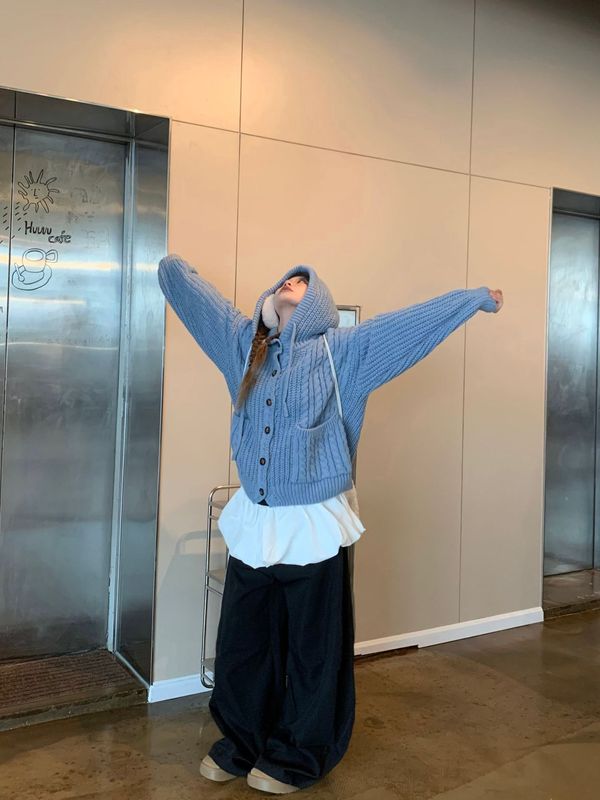 毛衣女开衫外套设计感小众宽松复古慵懒风口袋连帽百搭针织衫上衣|undefined