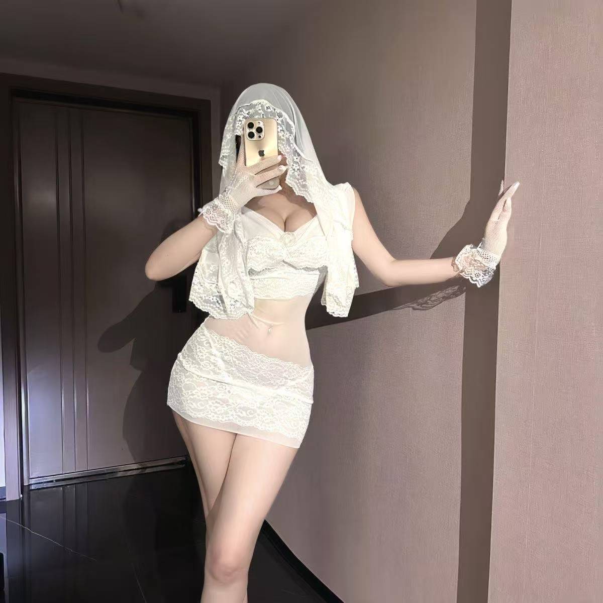 See-Through Lace Maid Costume Mini Dress with Stockings and Gloves, White One Size — detail image 4