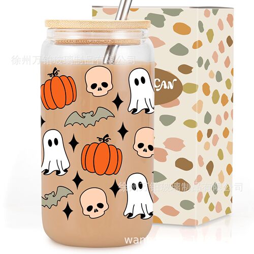 Cross-border hot sublimation cola cup bamboo lid with straw glass cup transparent Mason jar juice coffee cup beer cup