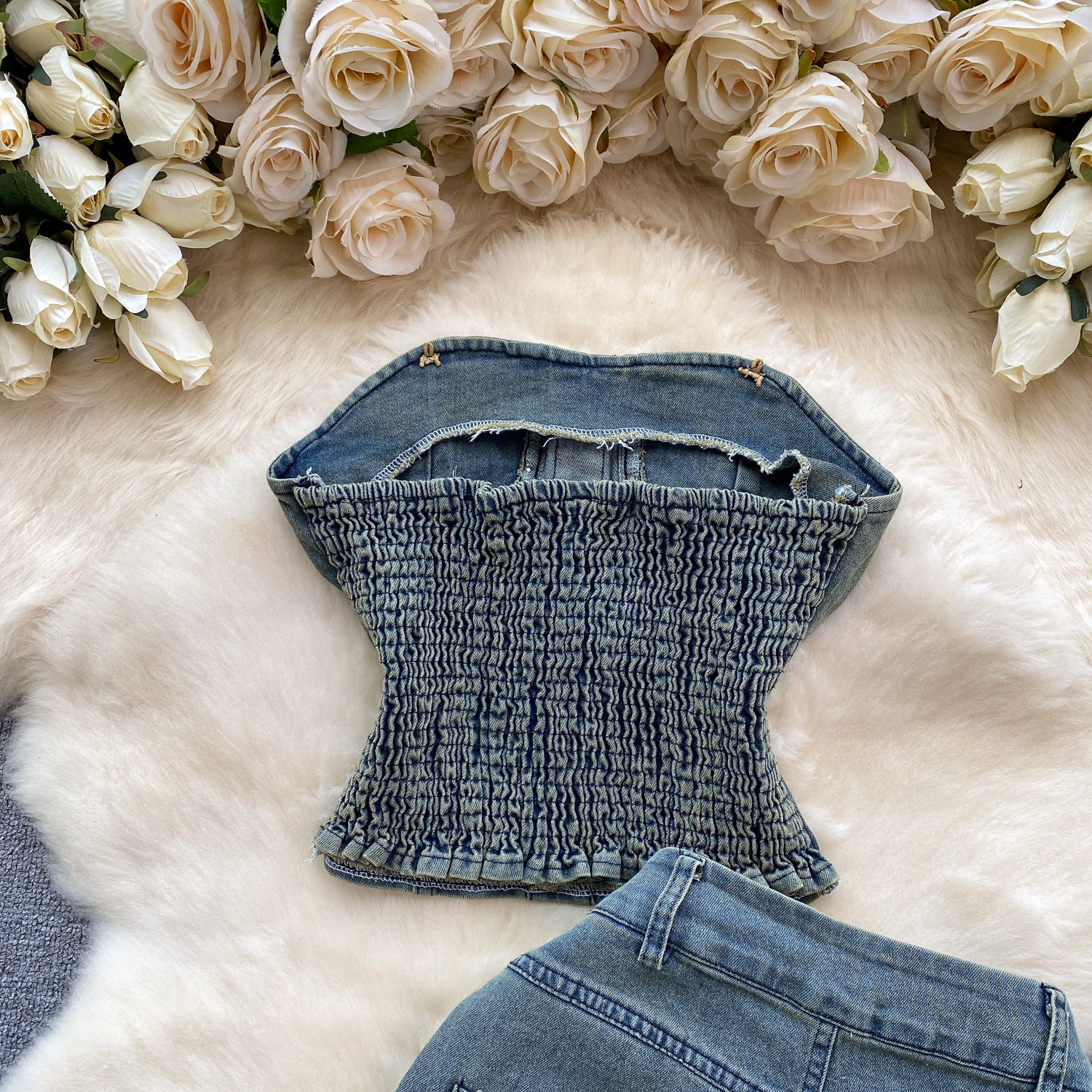 Women's Slimming Beaded Denim Suit Sexy Strapless Top High Waist Slightly Flared Length Retro American Two-Piece Outfit_ecoleips.com
