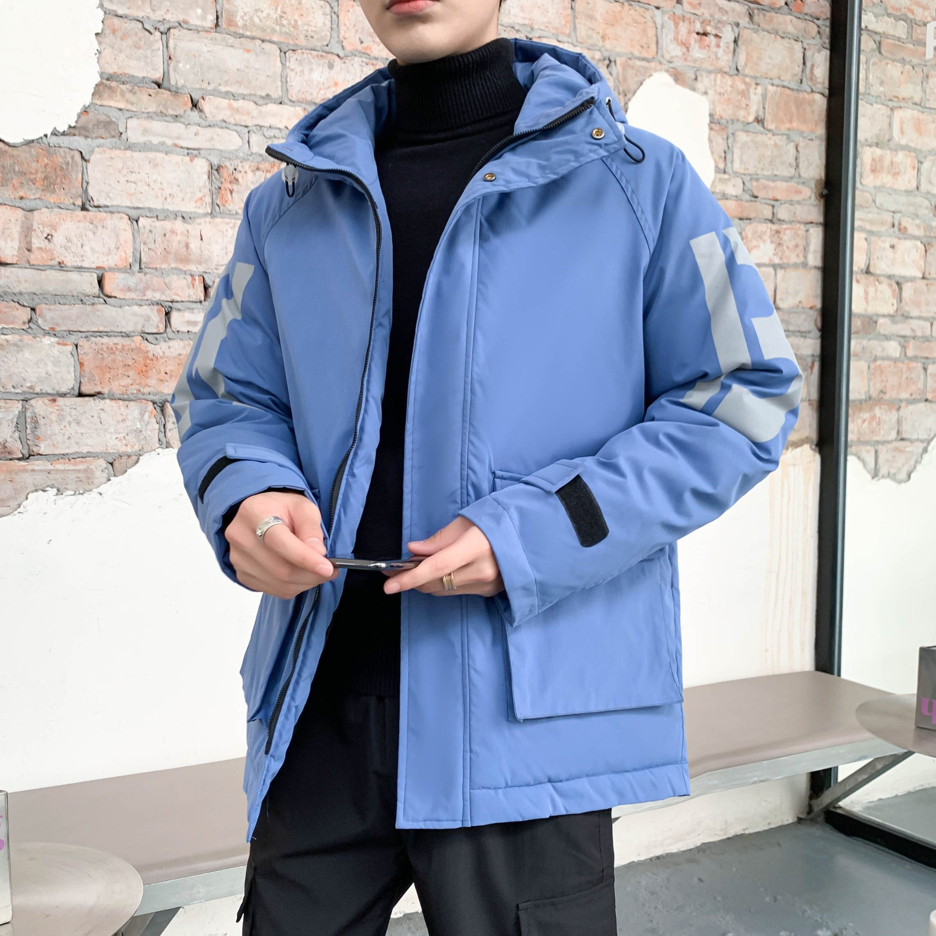 (2개) 젊은 남성과 학생을위한 수직 칼라가있는 새로운 유행 브랜드 짧은 코튼 옷 두꺼운 따뜻한 겨울 코트 유행 잘 생긴