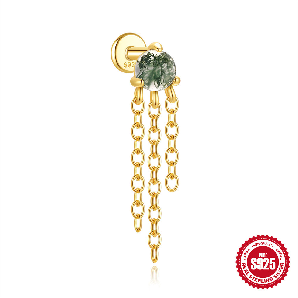 El nuevo s925 simple y moderno hierba de agua natural, uñas de hueso de oreja de ágata, personalidad de lujo ligera europea y americana, pendientes de piedra de musgo verde con incrustaciones