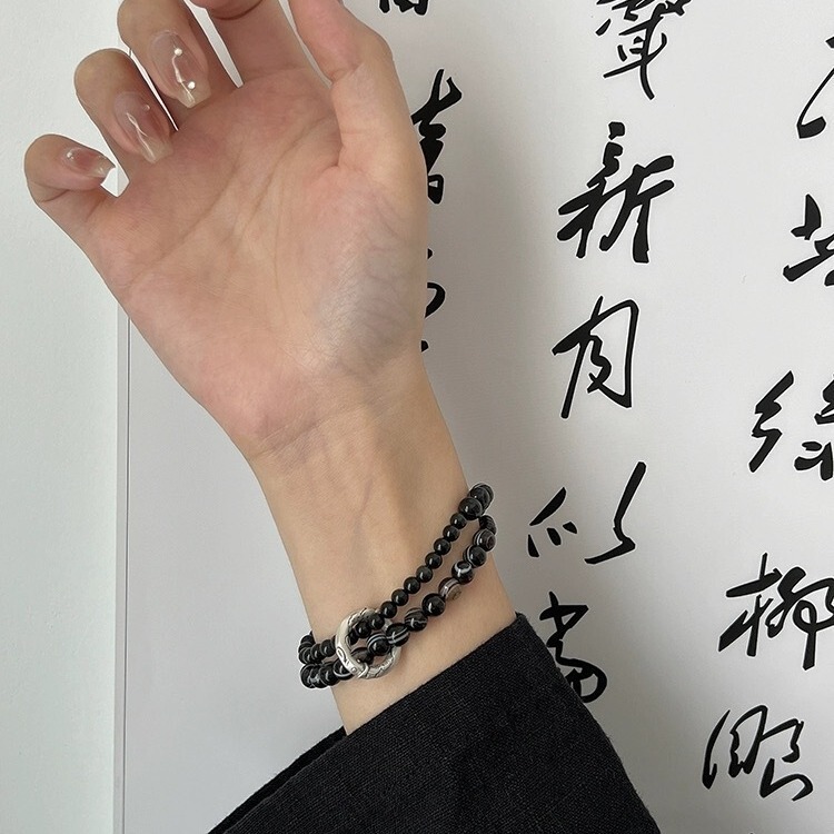 Solid 990 pure silver koi safety buckle double ring obsidian black agate bracelet