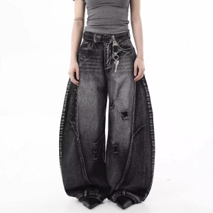 American High Street Retro Whiskered Distressed Scimitar Jeans Wide-Leg Straight Cleanfit Deconstructed Patchwork Pants