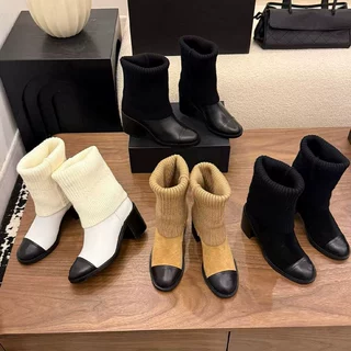 跨境女式拼色粗跟短靴针织袜套靴秋冬百搭中筒皮靴时尚方头高跟靴