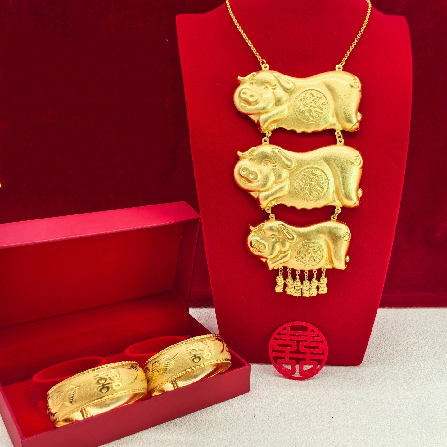 沙金饰品假金猪项链女结婚仿真黄金新娘婚庆三金首饰双喜龙凤手镯