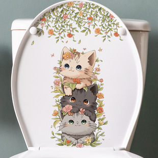 Cross-Border Hot Selling Toilet Stickers Cartoon Cat Bathroom Toilet Seat Decorative Stickers Plant Flowers Removable Toilet Stickers
