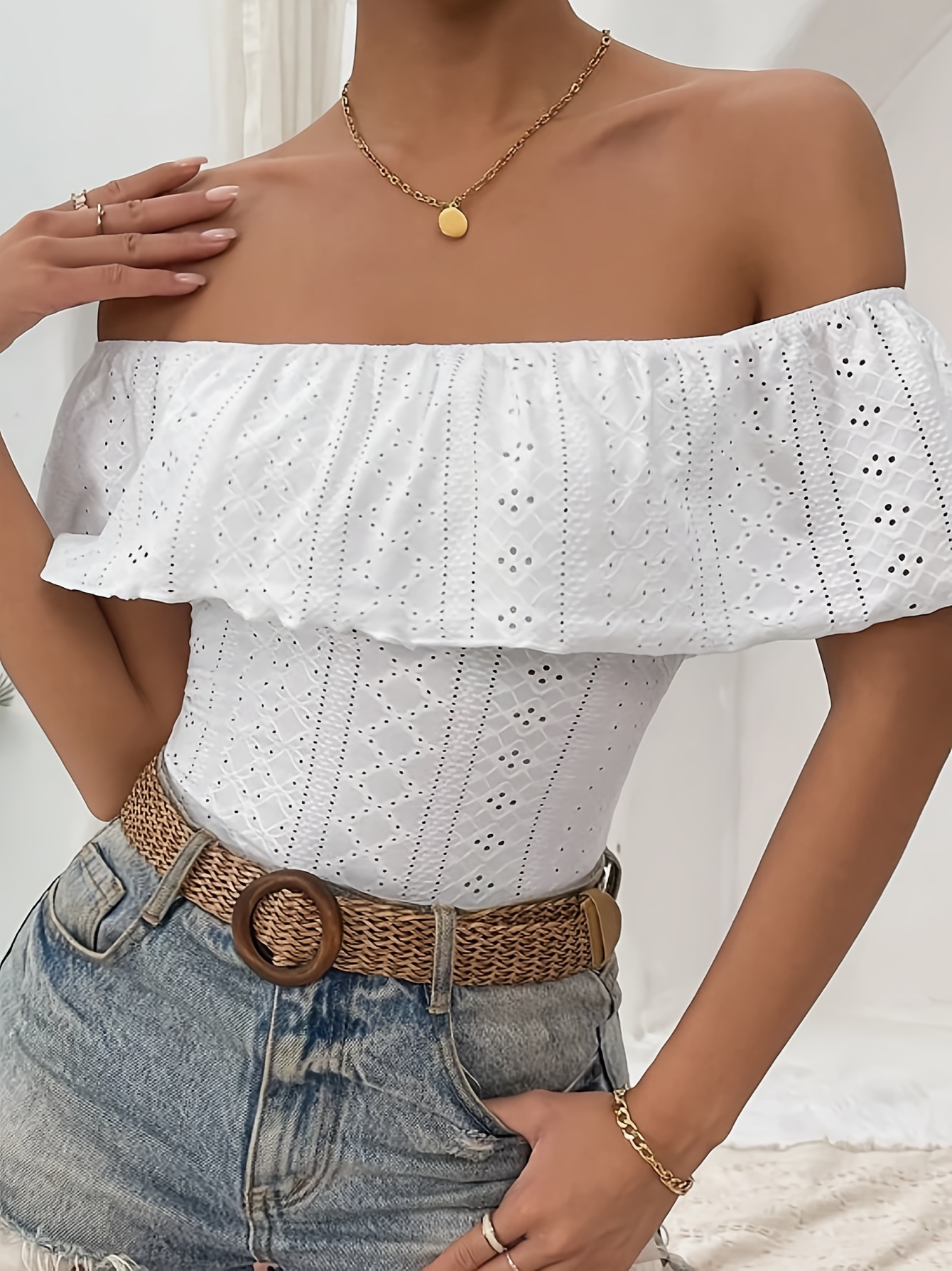 Sexy off the Shoulder Bodysuit for Women Hollowed out Jacquard Ruffle Details Bestseller Women's Jumpsuits And Rompers_ecoleips.com