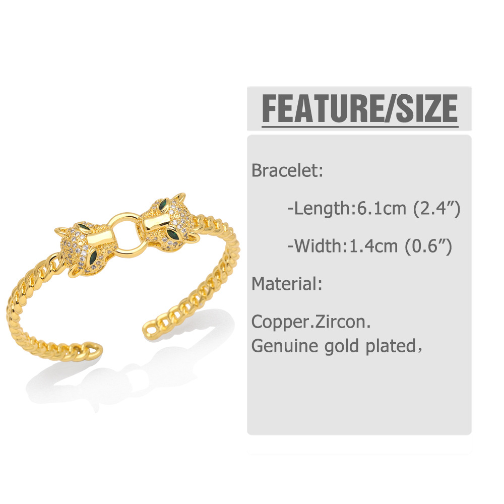 Fashion Leopard Head Copper Bangle Gold Plated Zircon Copper Bracelets