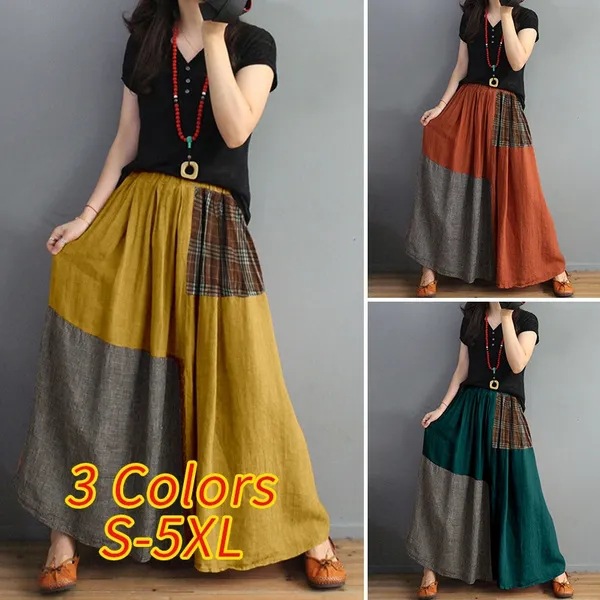 Cross-border 2024 spring and summer new retro artistic style loose elastic waist color matching cotton and linen skirt slimming A- line skirt