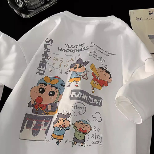 Crayon Shin-chan Printed Short Sleeve T-shirt for Men - Summer Loose Fit Cotton Heavyweight Top - Trendy Streetwear Casual Seven-Sleeve