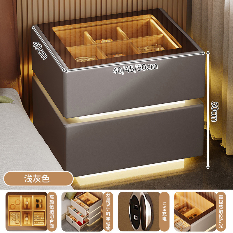 2024 nueva mesita de noche, lujo ligero, vidrio de alta gama con luz, dormitorio principal, precio alto, armario de almacenamiento rojo de Internet