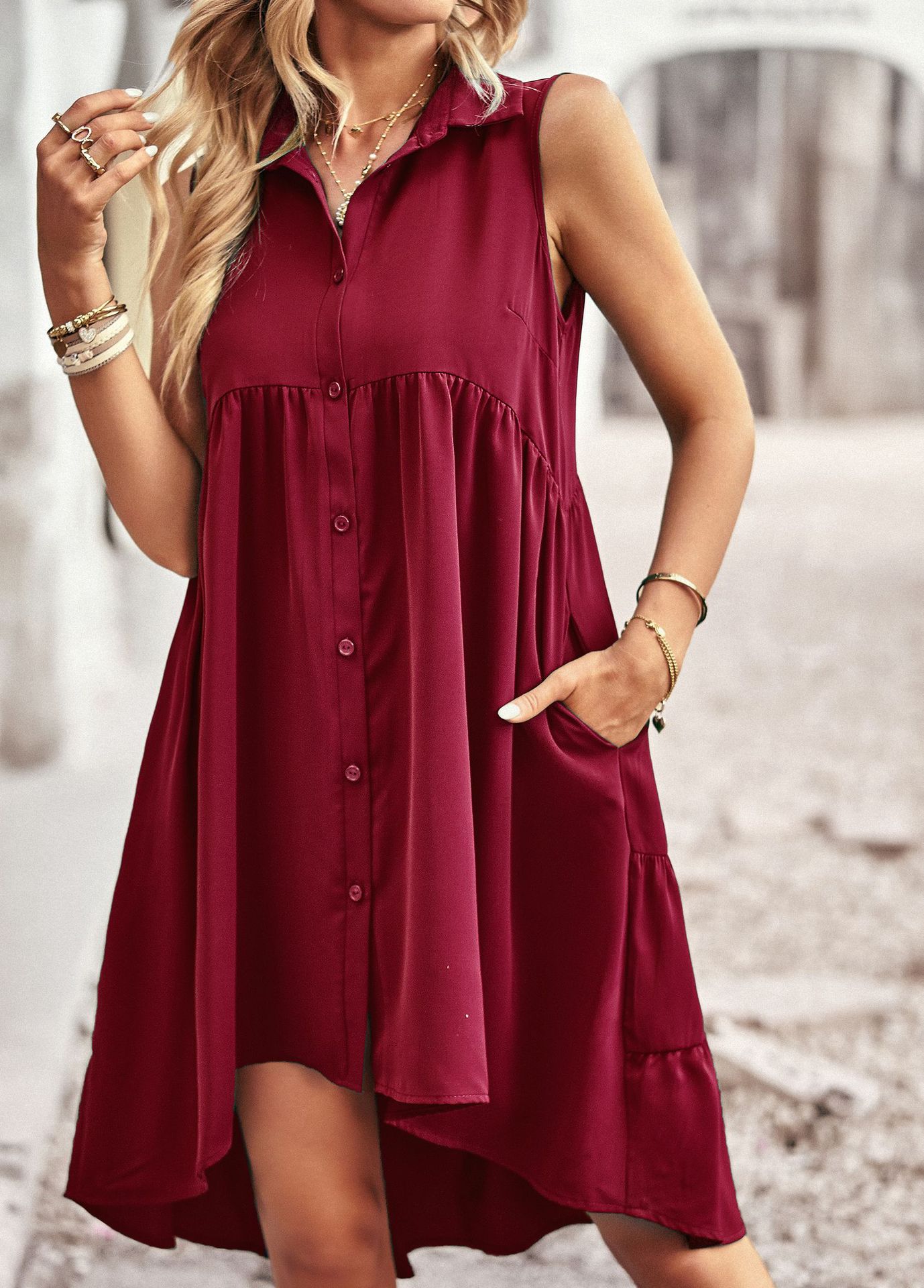 Fashion Solid Color V Neck Sleeveless Patchwork Polyester Knee-Length A-Line Skirt