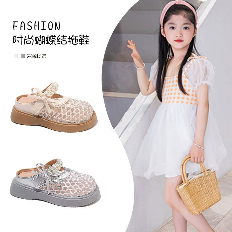 Summer children's slippers with bow, fashionable slide from pearl, 2025 years