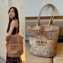 春夏海边度假沙滩包刺绣字母手工编织草编手提包女时尚镂空托特包