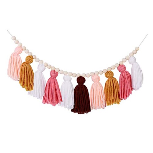 ins Nordic style hand-woven wooden beads string wool tassel string home children's room decoration wall hangings wall hangings
