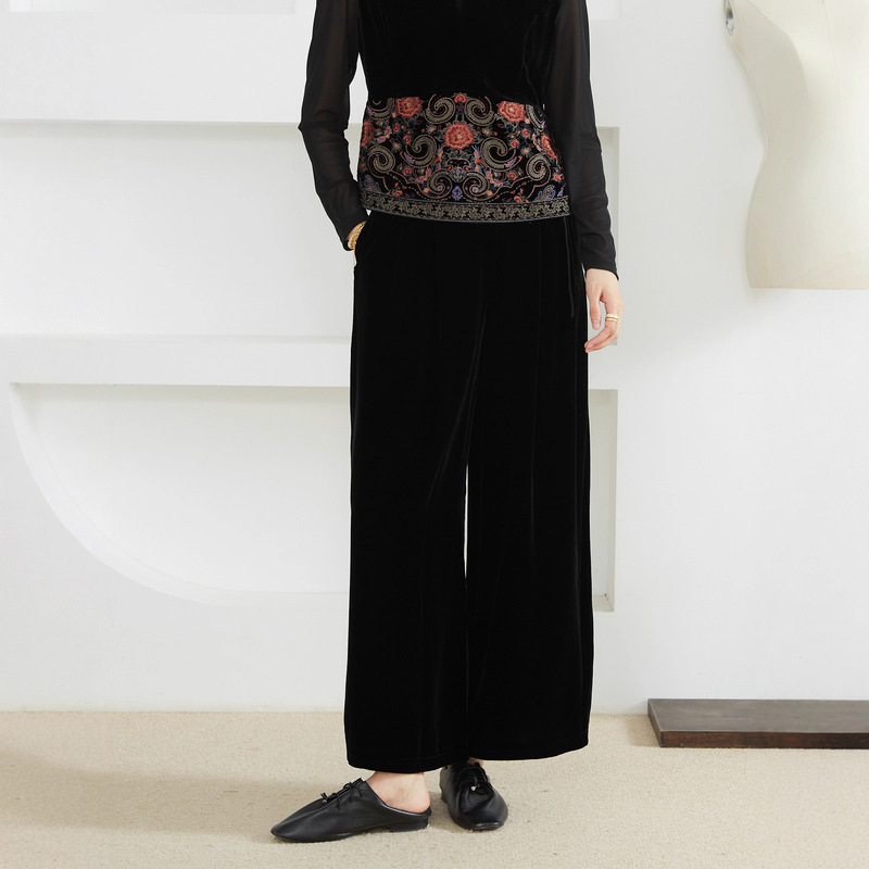 High-End 100% Mulberry Silk Velvet Loose Wide-Leg Pants for Women with Semi-Elastic Waist, Silk Casual Pants with Drape Effect for Spring